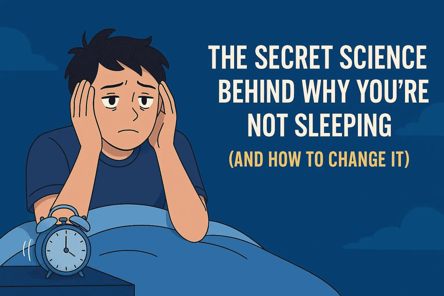 A man holding his head deprived of sleep and the words stating The secret science behind why you are not sleeping backed by science