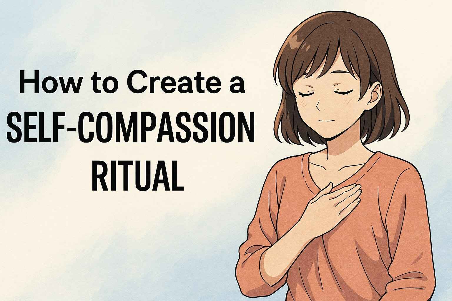 Illustration of a girl practicing a gentle self-care ritual with cozy visuals and title How to Create a Self-Compassion Ritual.