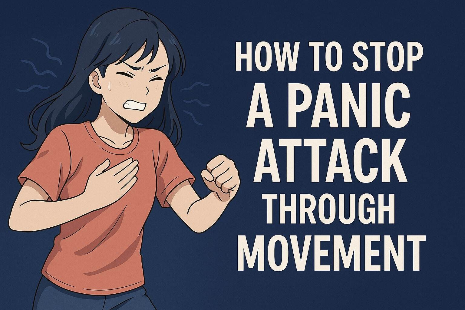 Illustration of a girl practicing calming techniques with overlay text How to Stop a Panic Attack Through Movement.