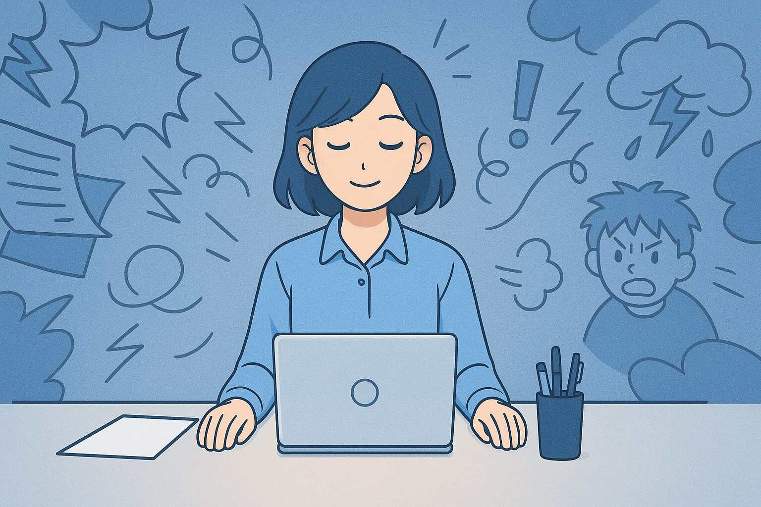 Illustration of a woman feeling overwhelmed while using a laptop, with symbolic doodles of stress, fear, and confusion in the background.