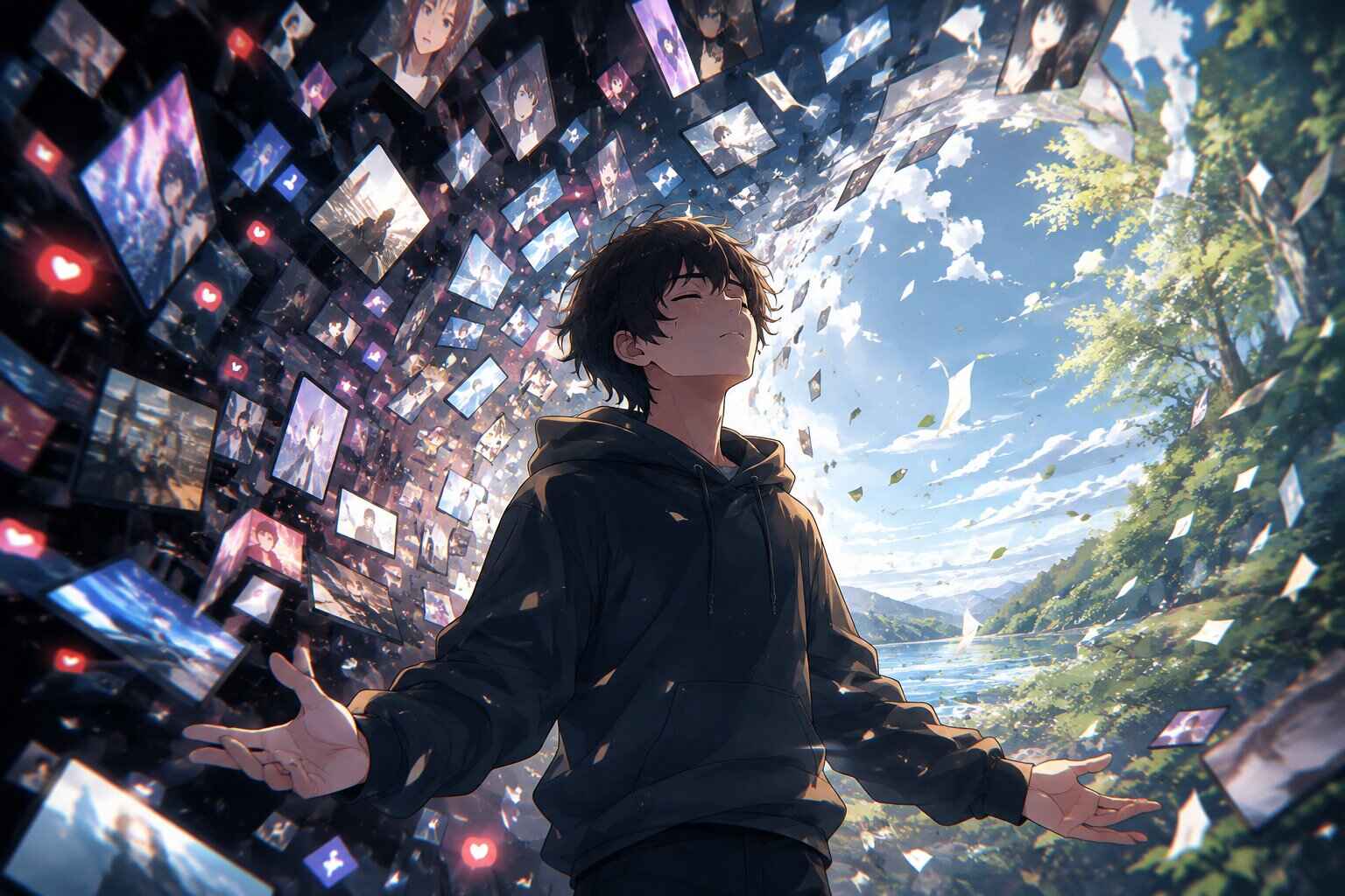 anime style young adult surrounded by floating short form videos, notifications and chaotic visual fragments, while a clear peaceful space gradually opens around them